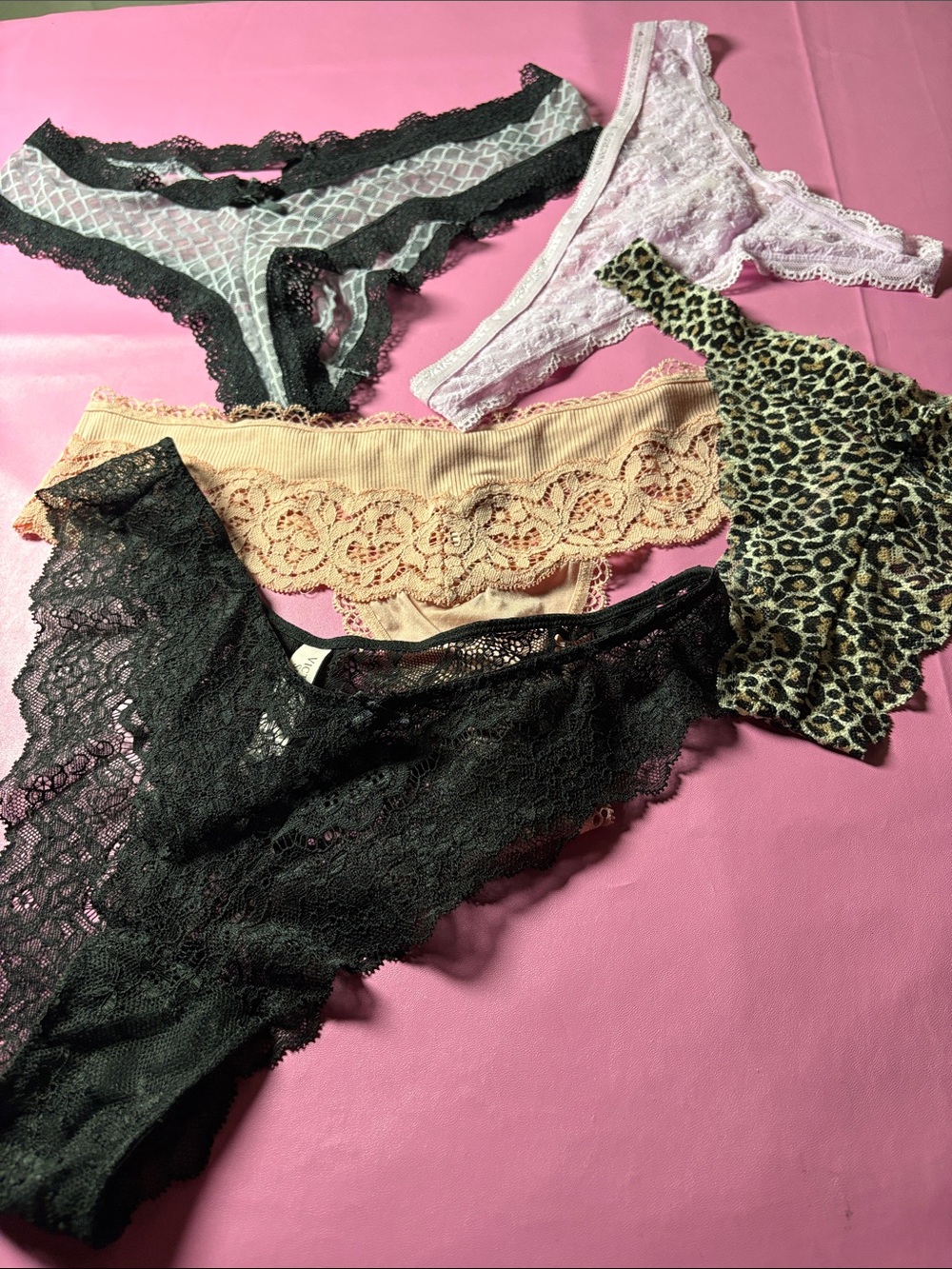 Victoria's Secret Lace & Leopard Thong Set - Black, Beige, Pink, Lilac